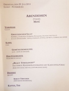Speisekarte Abendessen