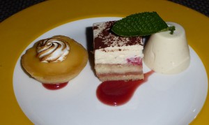 Vanille Pannacotta, Tiramisu mit Erdbeeren, Zitronen-Meringue-Tarte