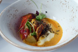 Karlheinz Hauser - Roter Carabiniero mit Paprika-Chorizofumet - Kartoffelspuma und Artischocken-Olivencrunch