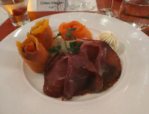 Smoked Salmon and Bresaola filled with soft cheese, fennel julienne with aromatic chives
