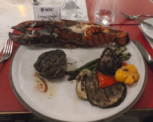 Surf and Turn in green peppercorn sauce with grilled vegetables