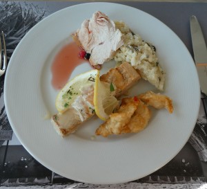 Schwein, Lachs, Huhn, Risotto