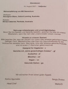 Abendessen Tag 8
