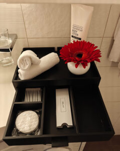 Box mit Bodylotion, Waschlappen, Nagelsets, Wattestäbchen, Wattepads