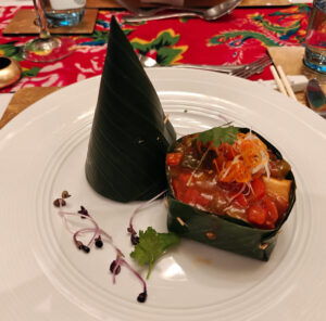 Sweet & Sour Vegetables Tofu with Black Rice in Banana Leaf