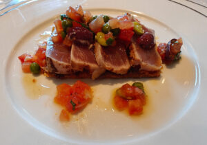 Bluefin Tuna Tataki over Crispy Tomato-Olive Tart