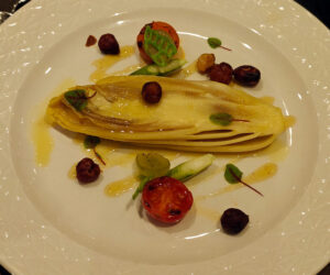 Sousvide Chicoree, Saffron Butter, Grilled Cherry Tomato